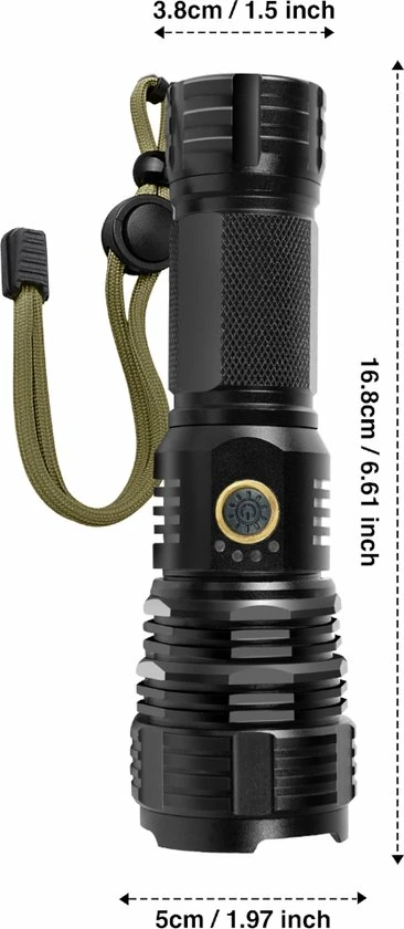 King Mungo Oplaadbaar LED Zaklamp - Zaklampen - Telescopisch Zoom - 5 Modi - 6000LM - IP65 Waterdicht - Met USB Kable En Accu - Zwart 11 King Mungo Oplaadbaar LED Zaklamp - Zaklampen - Telescopisch Zoom - 5 Modi - 6000LM - IP65 Waterdicht - Met USB Kable En Accu - Zwart - Afbeelding 9