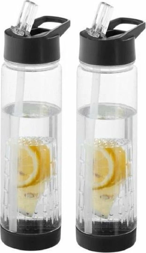 Merkloos 2x Transparante Drinkflessen/waterflessen Met Zwart Fruit Infuser 740 Ml - Sportfles - BPA-vrij 3 Merkloos 2x Transparante Drinkflessen/waterflessen Met Zwart Fruit Infuser 740 Ml - Sportfles - BPA-vrij