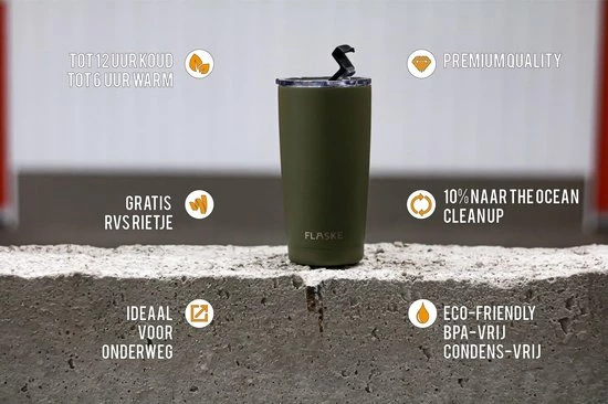 FLASKE Olive RVS Thermosbeker - 500ml - Vernieuwde Deksel- Gratis RVS Rietje 6 FLASKE Olive RVS Thermosbeker - 500ml - Vernieuwde Deksel- Gratis RVS Rietje - Afbeelding 4