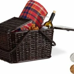 Relaxdays Picknickmand Met Deksel - Rotan Mand - Boodschappenmand - Grote Opbergmand - Chocoladebruin
