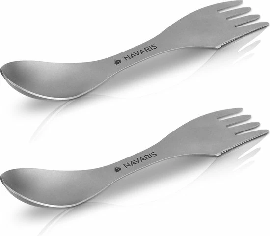 Navaris 2x Spork Titanium Campingbestek - Vork, Mes En Lepel In één - Bestek Voor Onderweg En Op Reis - Lichtgewicht - Inclusief Bewaarzakje 4 Navaris 2x Spork Titanium Campingbestek - Vork, Mes En Lepel In één - Bestek Voor Onderweg En Op Reis - Lichtgewicht - Inclusief Bewaarzakje - Afbeelding 2