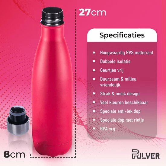 Pulver - Luxe RVS Thermosfles / Drinkfles – BPA Vrij – 500 Ml - Waterfles Met Rietje – Drinkfles – Dubbele Isolatie - Roze 7 Pulver - Luxe RVS Thermosfles / Drinkfles – BPA Vrij – 500 Ml - Waterfles Met Rietje – Drinkfles – Dubbele Isolatie - Roze - Afbeelding 5