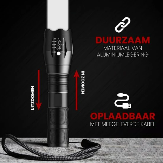 Shustar® Zaklamp LED Oplaadbaar - Zaklamp Militaire 2000 Lummen Incl. Opbergdoos & Oplader & Batterij - Zoomfunctie - Waterproof 8 Shustar® Zaklamp LED Oplaadbaar - Zaklamp Militaire 2000 Lummen Incl. Opbergdoos & Oplader & Batterij - Zoomfunctie - Waterproof - Afbeelding 6