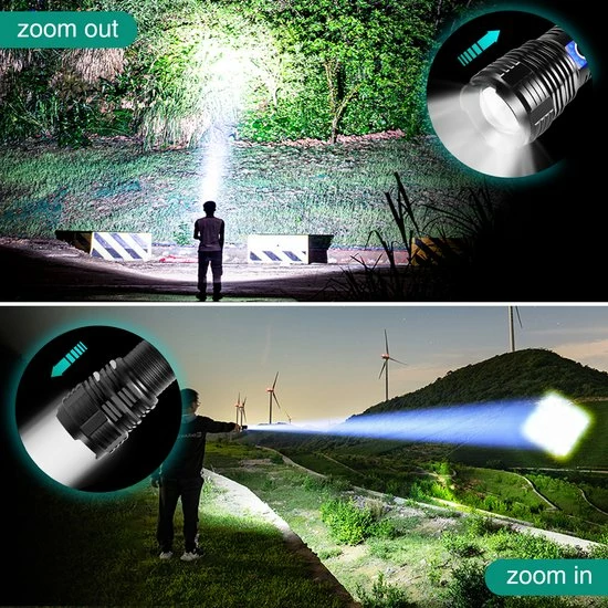 King Mungo Oplaadbaar LED Zaklamp - Zaklampen - Telescopisch Zoom - 5 Modi - 6000LM - IP65 Waterdicht - Met USB Kable En Accu - Zwart 10 King Mungo Oplaadbaar LED Zaklamp - Zaklampen - Telescopisch Zoom - 5 Modi - 6000LM - IP65 Waterdicht - Met USB Kable En Accu - Zwart - Afbeelding 8