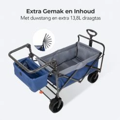 LifeGoods Bolderkar - Opvouwbaar - 120KG Draagkracht - 103L - Inklapbare Bolderwagen/Transportwagen - Extra Draagtas En Duwstang - 2 Standen - Wasbaar Polyester - 98x45cm - Blauw/Grijs -Flamecan winkel 550x550 513