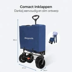 LifeGoods Bolderkar - Opvouwbaar - 120KG Draagkracht - 103L - Inklapbare Bolderwagen/Transportwagen - Extra Draagtas En Duwstang - 2 Standen - Wasbaar Polyester - 98x45cm - Blauw/Grijs -Flamecan winkel 550x550 519