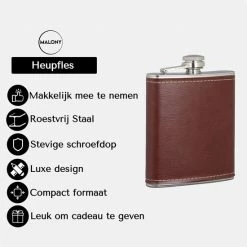 Malony Heupfles - RVS - 180 Ml - Veldfles - Drinkfles - Flacon - PU Leer - Compact - Donker Bruin -Flamecan winkel 550x550 554