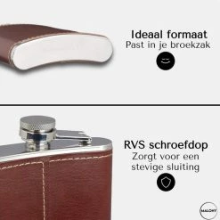 Malony Heupfles - RVS - 180 Ml - Veldfles - Drinkfles - Flacon - PU Leer - Compact - Donker Bruin -Flamecan winkel 550x550 556