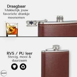 Malony Heupfles - RVS - 180 Ml - Veldfles - Drinkfles - Flacon - PU Leer - Compact - Donker Bruin -Flamecan winkel 550x550 557