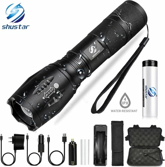Shustar® Zaklamp LED Oplaadbaar - Zaklamp Militaire 2000 Lummen Incl. Opbergdoos & Oplader & Batterij - Zoomfunctie - Waterproof 3 Shustar® Zaklamp LED Oplaadbaar - Zaklamp Militaire 2000 Lummen Incl. Opbergdoos & Oplader & Batterij - Zoomfunctie - Waterproof
