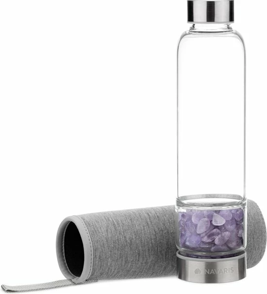 Navaris Glazen Drinkfles - Fles Met Edelstenen - 420 Ml - Waterfles Met Amethisten - Inclusief Sleeve Van Neopreen 5 Navaris Glazen Drinkfles - Fles Met Edelstenen - 420 Ml - Waterfles Met Amethisten - Inclusief Sleeve Van Neopreen - Afbeelding 3