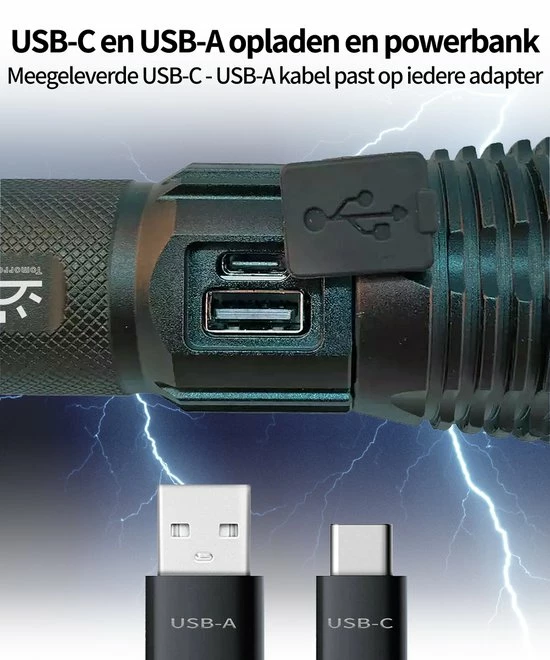 TomorrowNow® Oplaadbare LED Zaklamp - USB-C + USB-A - 3.000 Lumen - Powerbank Functie - Battery Management System - Waterdicht 5 TomorrowNow® Oplaadbare LED Zaklamp - USB-C + USB-A - 3.000 Lumen - Powerbank Functie - Battery Management System - Waterdicht - Afbeelding 3