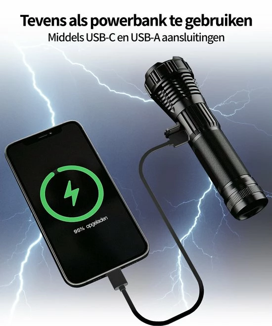 TomorrowNow® Oplaadbare LED Zaklamp - USB-C + USB-A - 3.000 Lumen - Powerbank Functie - Battery Management System - Waterdicht 6 TomorrowNow® Oplaadbare LED Zaklamp - USB-C + USB-A - 3.000 Lumen - Powerbank Functie - Battery Management System - Waterdicht - Afbeelding 4