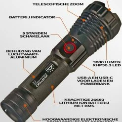 TomorrowNow® Oplaadbare LED Zaklamp - USB-C + USB-A - 3.000 Lumen - Powerbank Functie - Battery Management System - Waterdicht 16 TomorrowNow® Oplaadbare LED Zaklamp - USB-C + USB-A - 3.000 Lumen - Powerbank Functie - Battery Management System - Waterdicht -Flamecan winkel 550x660 9