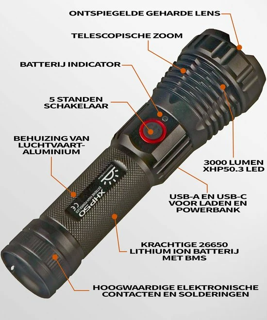 TomorrowNow® Oplaadbare LED Zaklamp - USB-C + USB-A - 3.000 Lumen - Powerbank Functie - Battery Management System - Waterdicht 7 TomorrowNow® Oplaadbare LED Zaklamp - USB-C + USB-A - 3.000 Lumen - Powerbank Functie - Battery Management System - Waterdicht - Afbeelding 5