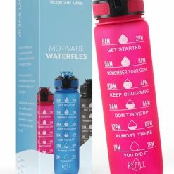 Mountain Lake™ Motivatie Waterfles – Motiverende Drinkfles Met Tijdmarkering – Drinkbeker Met Rietje - Bidon Volwassenen - 1 Liter