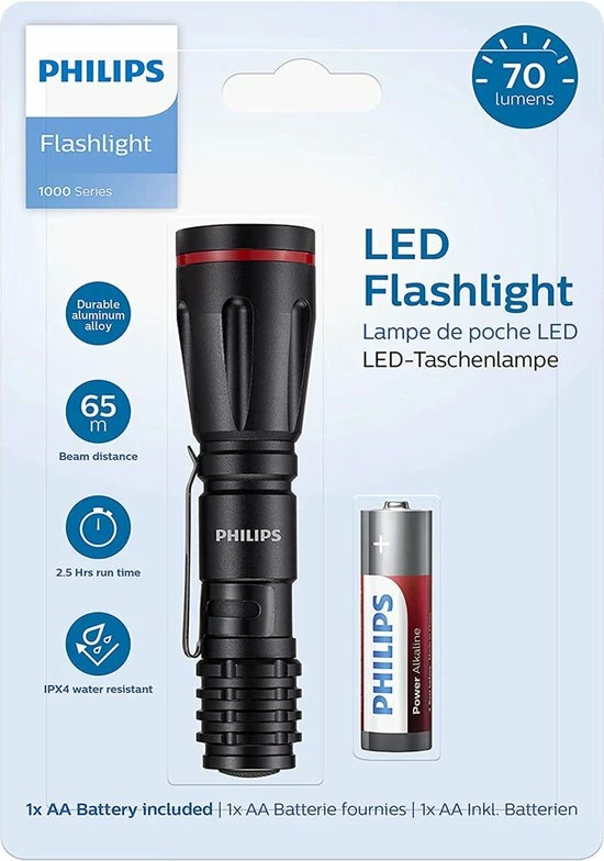 Philips Zaklamp - SFL1001P/10 - LED-zaklamp - Incl. 2 AA-Batterijen - 160 Lumen - Zwart - IPX4 Waterdicht - Draagbare Lamp 8 Philips Zaklamp - SFL1001P/10 - LED-zaklamp - Incl. 2 AA-Batterijen - 160 Lumen - Zwart - IPX4 Waterdicht - Draagbare Lamp - Afbeelding 6