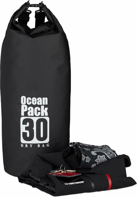 Merkloos Relaxdays Ocean Pack 30 Liter - Waterdichte Tas - Outdoor Droogtas - Dry Bag - Plunjezak - Zwart 16 Merkloos Relaxdays Ocean Pack 30 Liter - Waterdichte Tas - Outdoor Droogtas - Dry Bag - Plunjezak - Zwart - Afbeelding 14