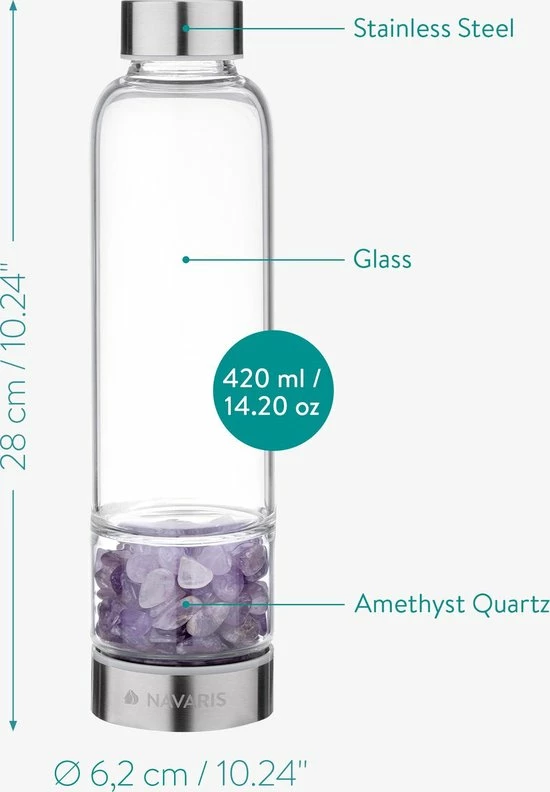 Navaris Glazen Drinkfles - Fles Met Edelstenen - 420 Ml - Waterfles Met Amethisten - Inclusief Sleeve Van Neopreen 8 Navaris Glazen Drinkfles - Fles Met Edelstenen - 420 Ml - Waterfles Met Amethisten - Inclusief Sleeve Van Neopreen - Afbeelding 6