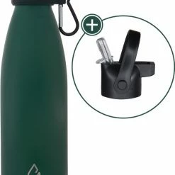 Wattamula Design Eco RVS Drinkfles - Mosgroen - Extra Dop Met Rietje En Carrier - 500 Ml - Waterfles - Thermosfles - Sport