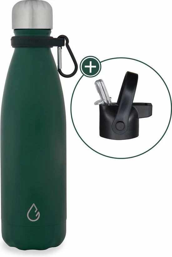 Wattamula Design Eco RVS Drinkfles - Mosgroen - Extra Dop Met Rietje En Carrier - 500 Ml - Waterfles - Thermosfles - Sport 3 Wattamula Design Eco RVS Drinkfles - Mosgroen - Extra Dop Met Rietje En Carrier - 500 Ml - Waterfles - Thermosfles - Sport